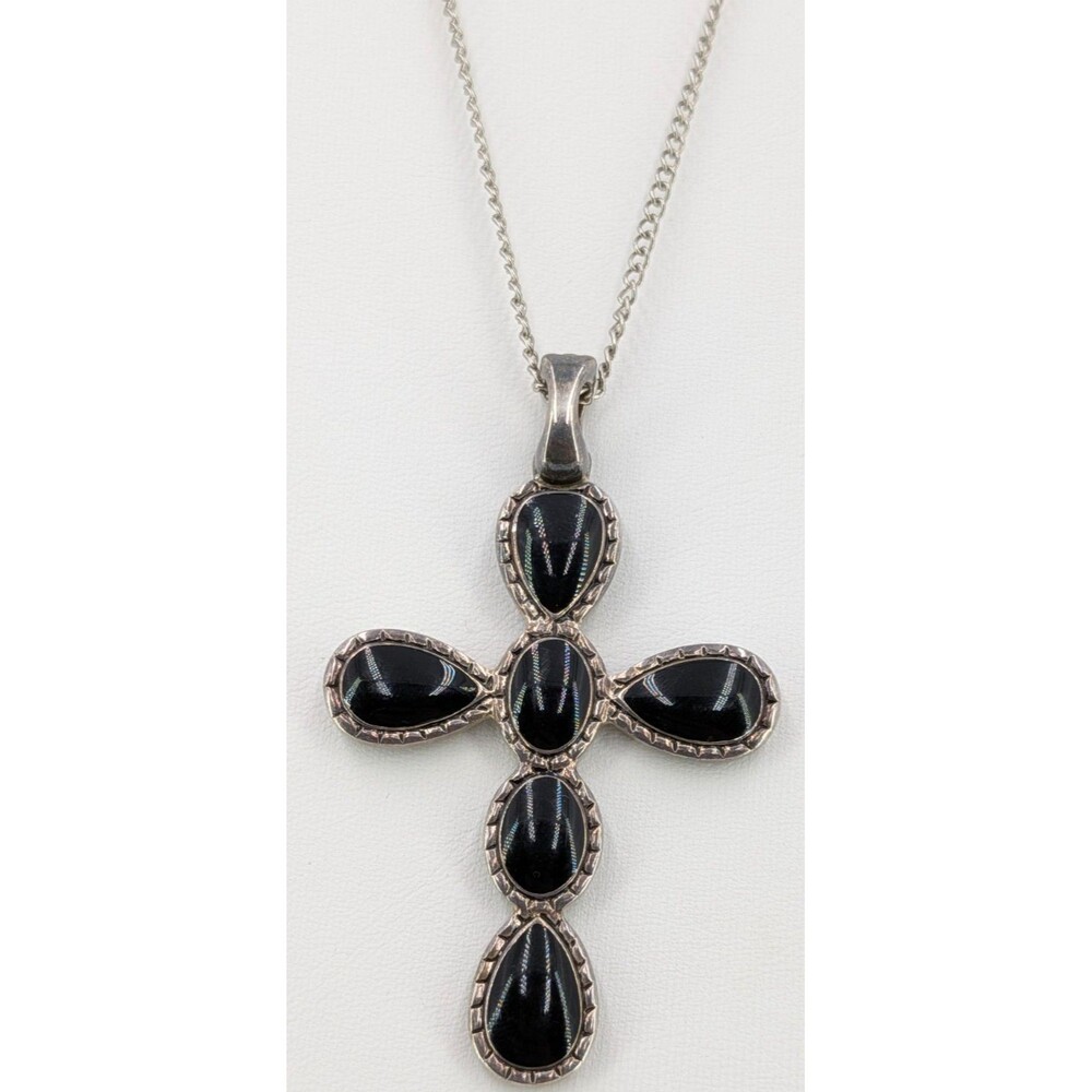 Reversible Cross Pendant Necklace Silver Plated Black Turquoise Enamel 38 Inch